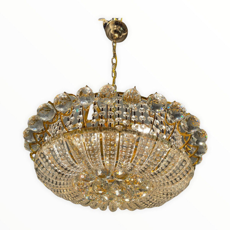 Italian vintage crystal and brass chandelier, 1970s