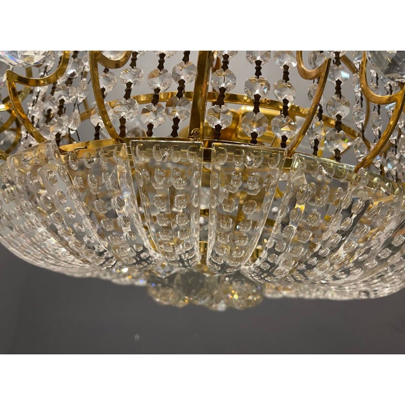 Italian vintage crystal and brass chandelier, 1970s