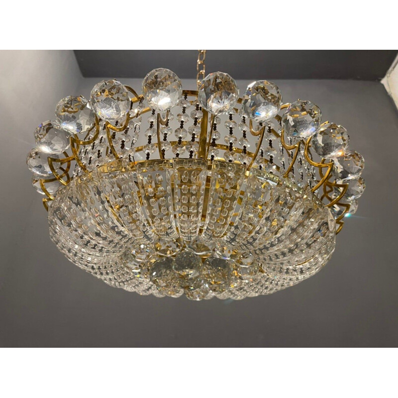 Italian vintage crystal and brass chandelier, 1970s