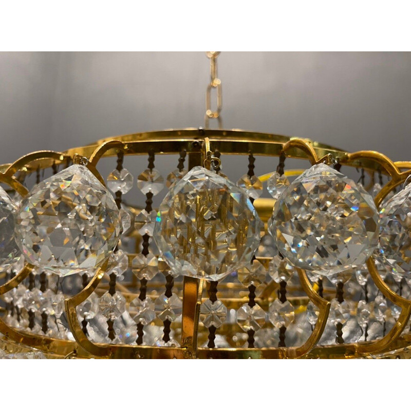 Italian vintage crystal and brass chandelier, 1970s