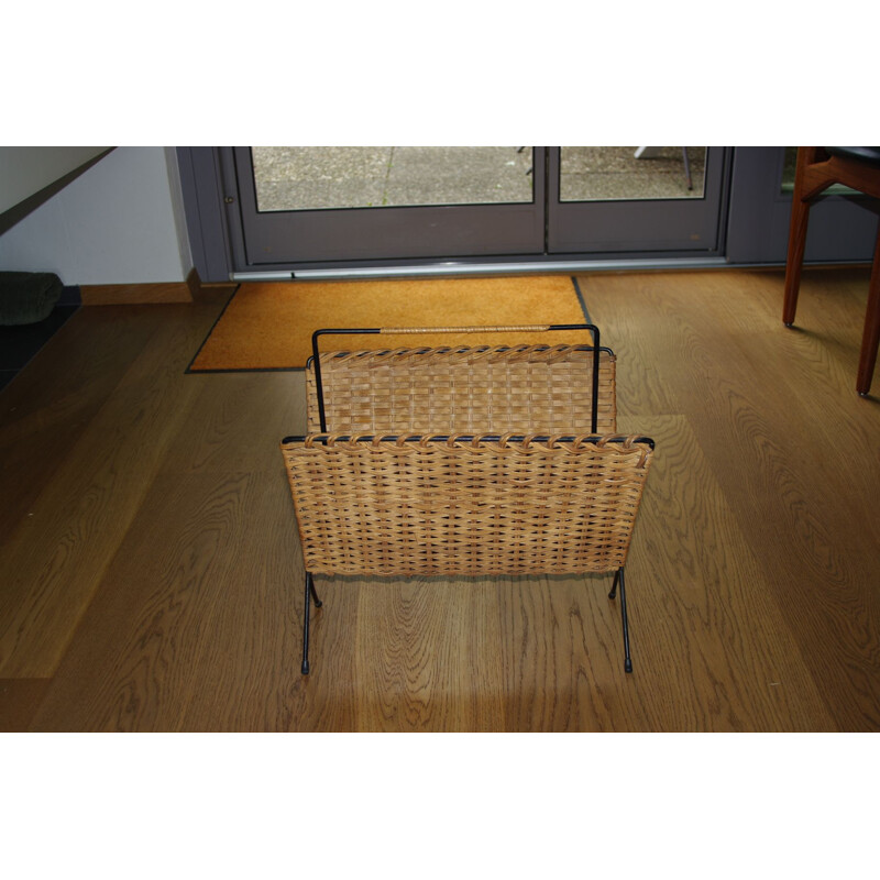 Vintage wrought iron and woven wicker magazine rack, 1960