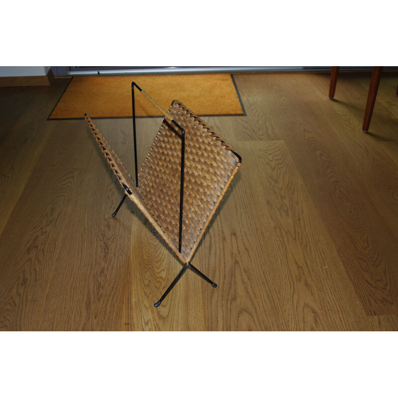 Vintage wrought iron and woven wicker magazine rack, 1960