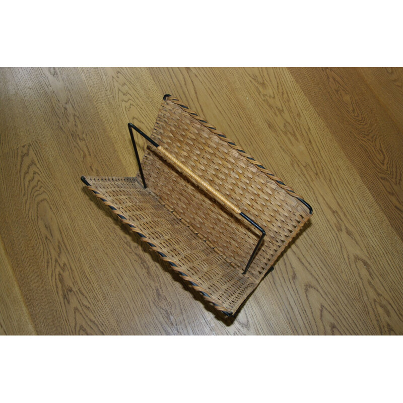 Vintage wrought iron and woven wicker magazine rack, 1960