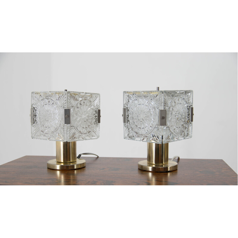 Pair of vintage brass and glass table lamps by Kamenicky Senov, 1970s