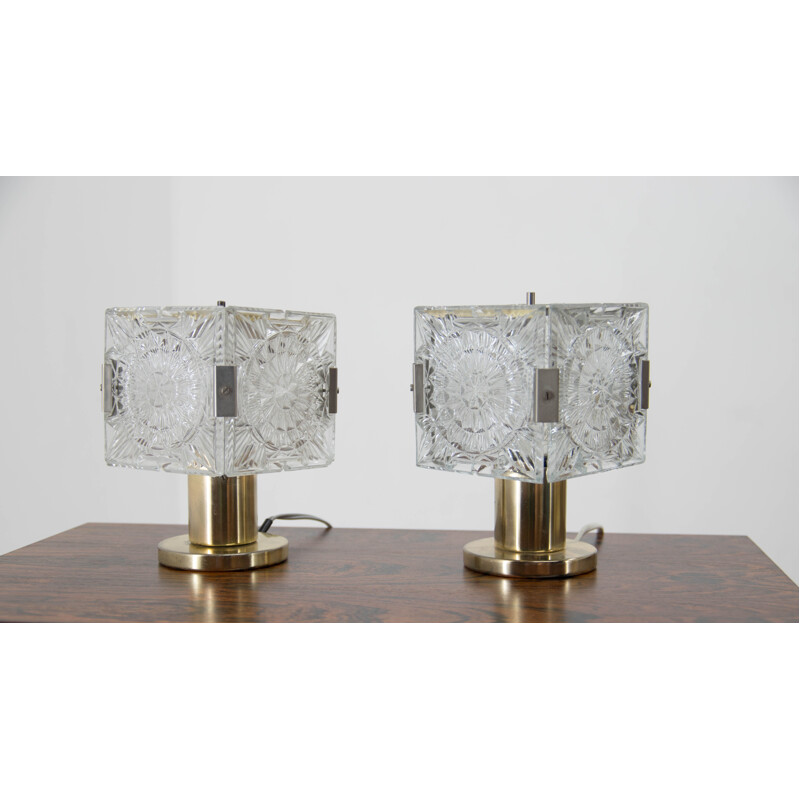 Paire de lampes de table vintage en laiton et verre par Kamenicky Senov, 1970