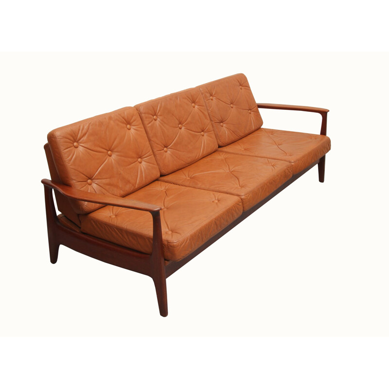 Vintage sofabed in teak and leather, 1960s