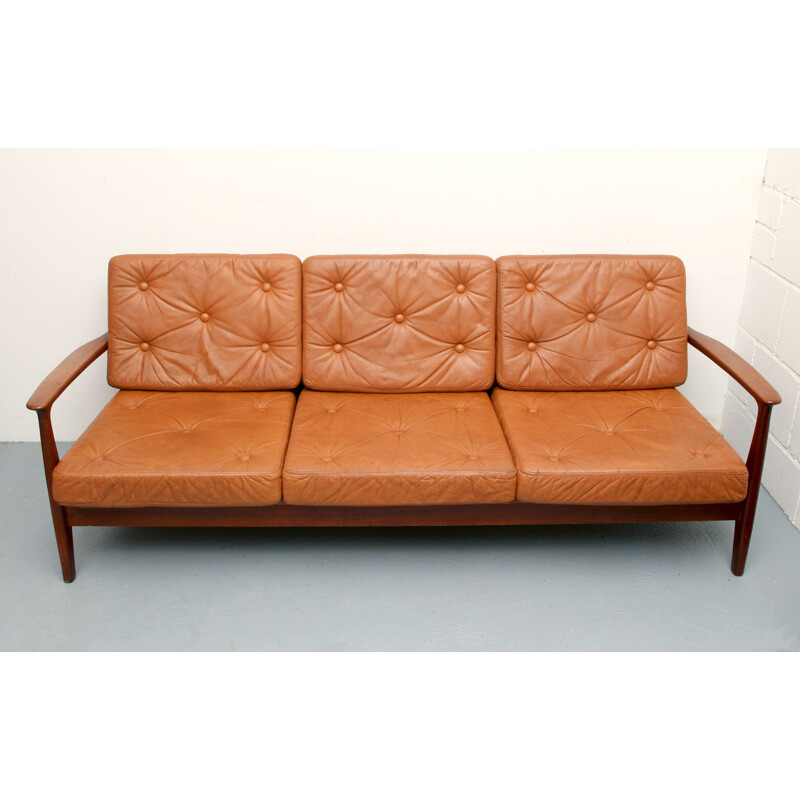 Vintage sofabed in teak and leather, 1960s