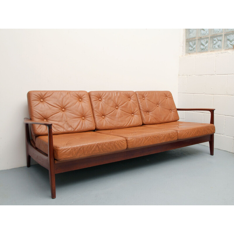 Vintage sofabed in teak and leather, 1960s