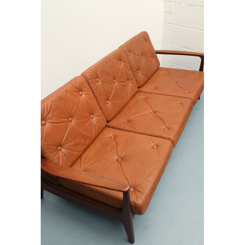 Vintage sofabed in teak and leather, 1960s