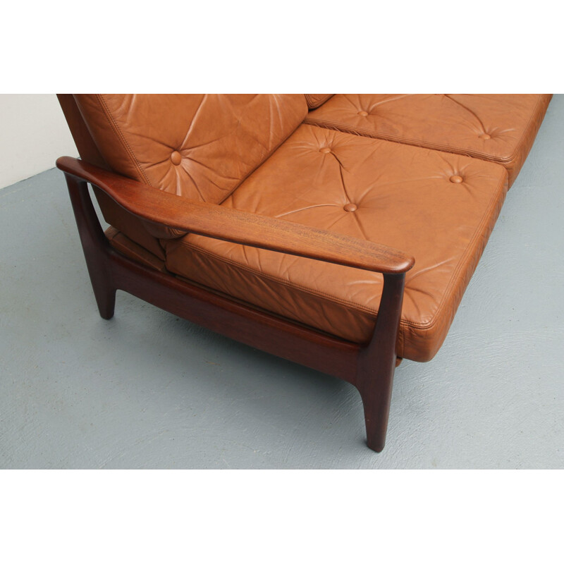 Divano letto vintage in teak e pelle, 1960