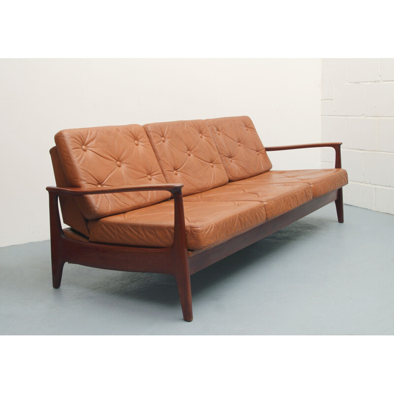 Vintage sofabed in teak and leather, 1960s