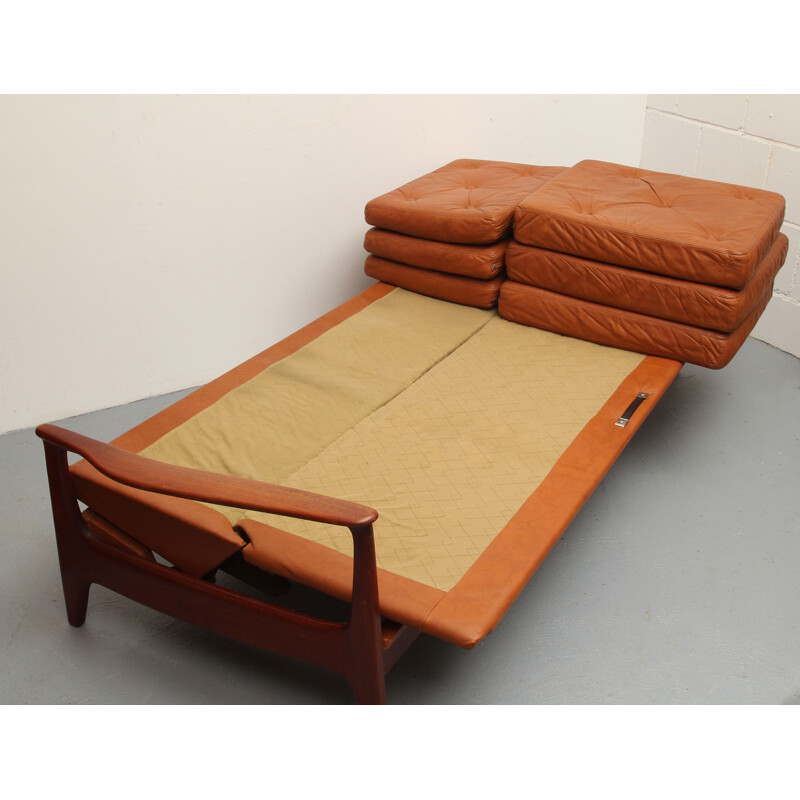 Vintage sofabed in teak and leather, 1960s