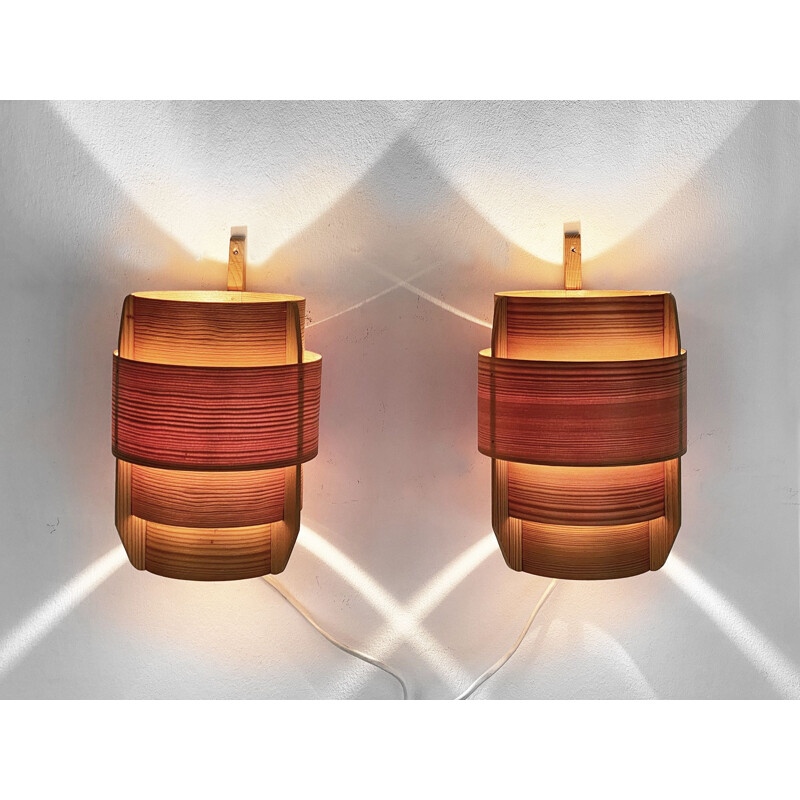 Pair of vintage pine wood wall lamps by Hans-Agne Jakobsson for Ellysett Ab, Sweden 1960s