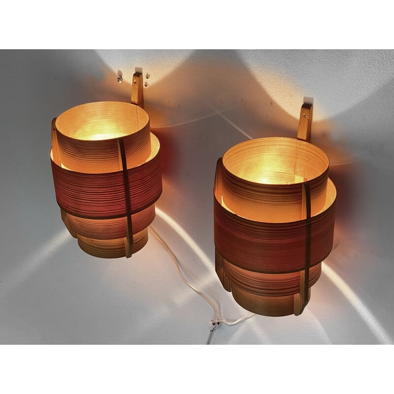 Pair of vintage pine wood wall lamps by Hans-Agne Jakobsson for Ellysett Ab, Sweden 1960s