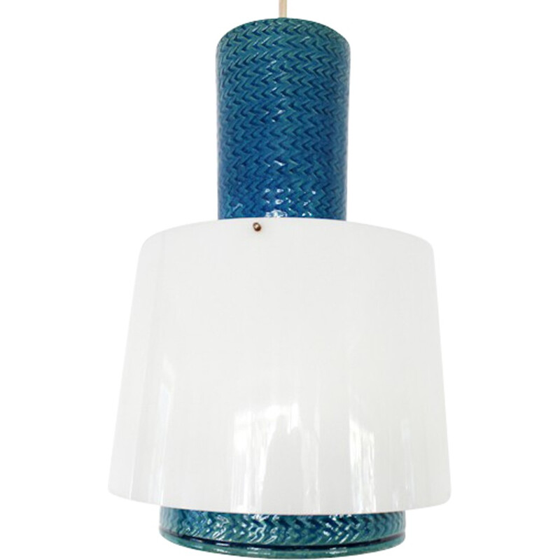Blue ceramic pendant lamp, Nils KAHLER -  1960s