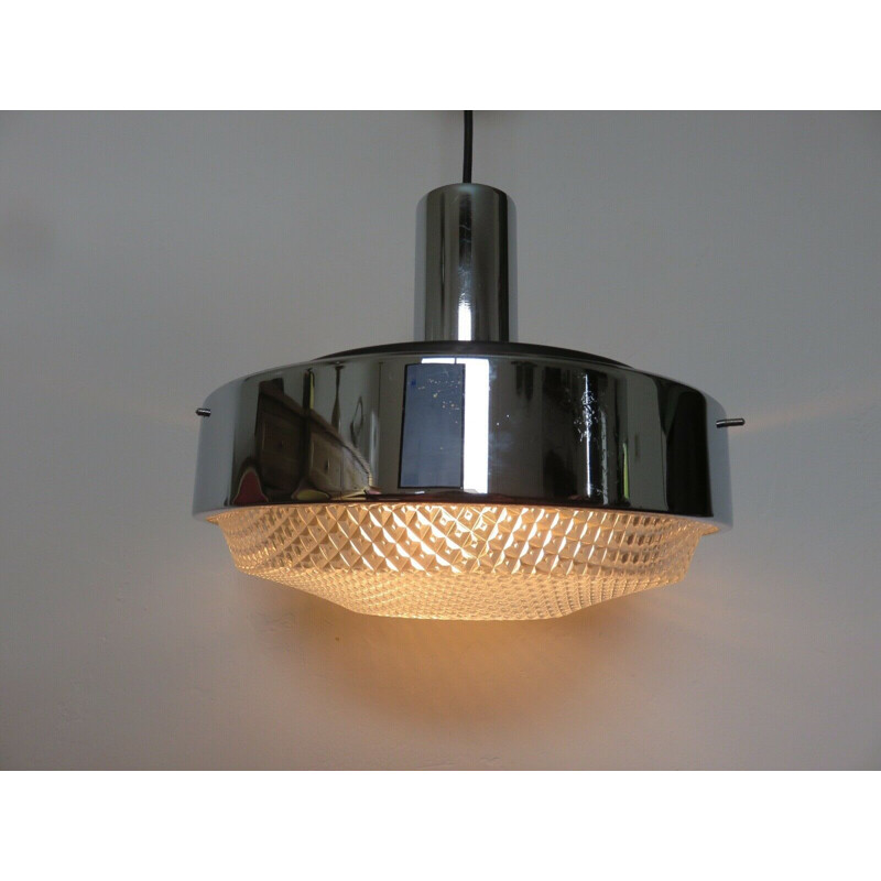 Vintage chrome-plated metal and perspex pendant lamp, France 1970