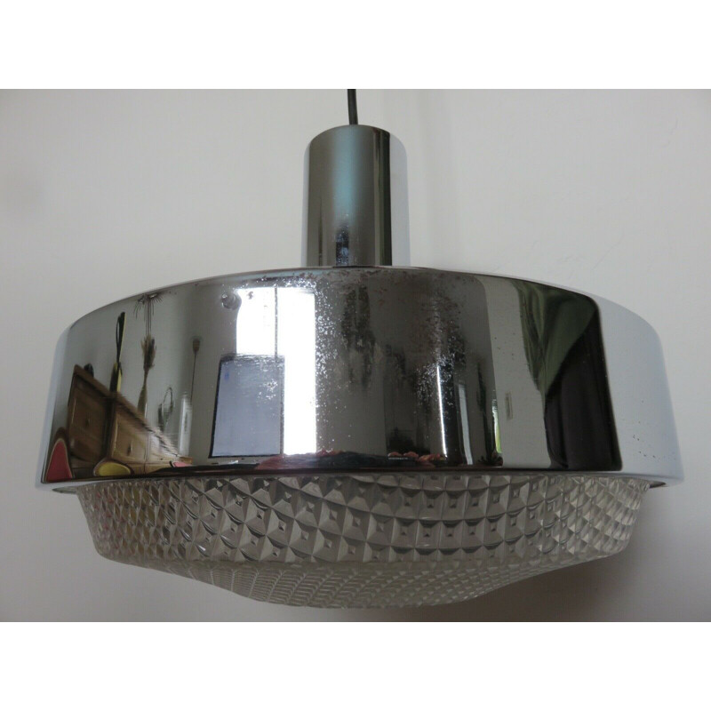 Vintage chrome-plated metal and perspex pendant lamp, France 1970
