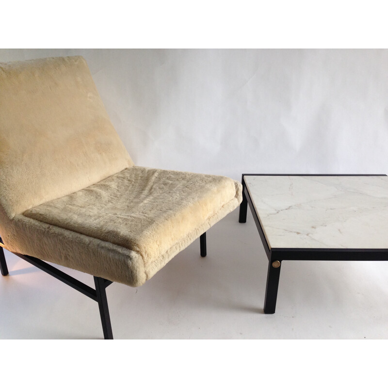 Mid century square coffee table with marble top - 1950s