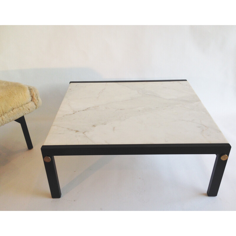 Table basse carrée vintage avec plateau en marbre - 1950