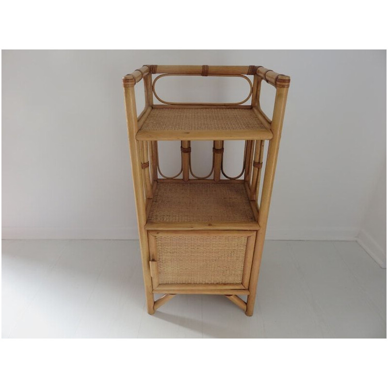 Vintage night stand in rattan, bamboo and leather, 1960-1970