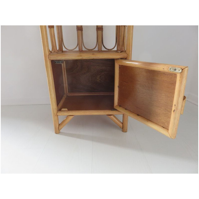 Table de chevet vintage en rotin, bambou et cuir, 1960-1970