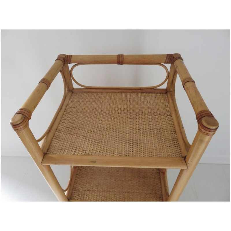 Table de chevet vintage en rotin, bambou et cuir, 1960-1970