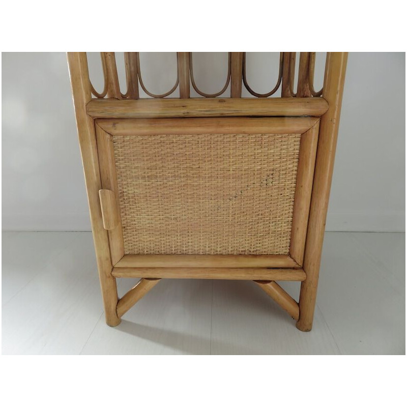 Vintage night stand in rattan, bamboo and leather, 1960-1970