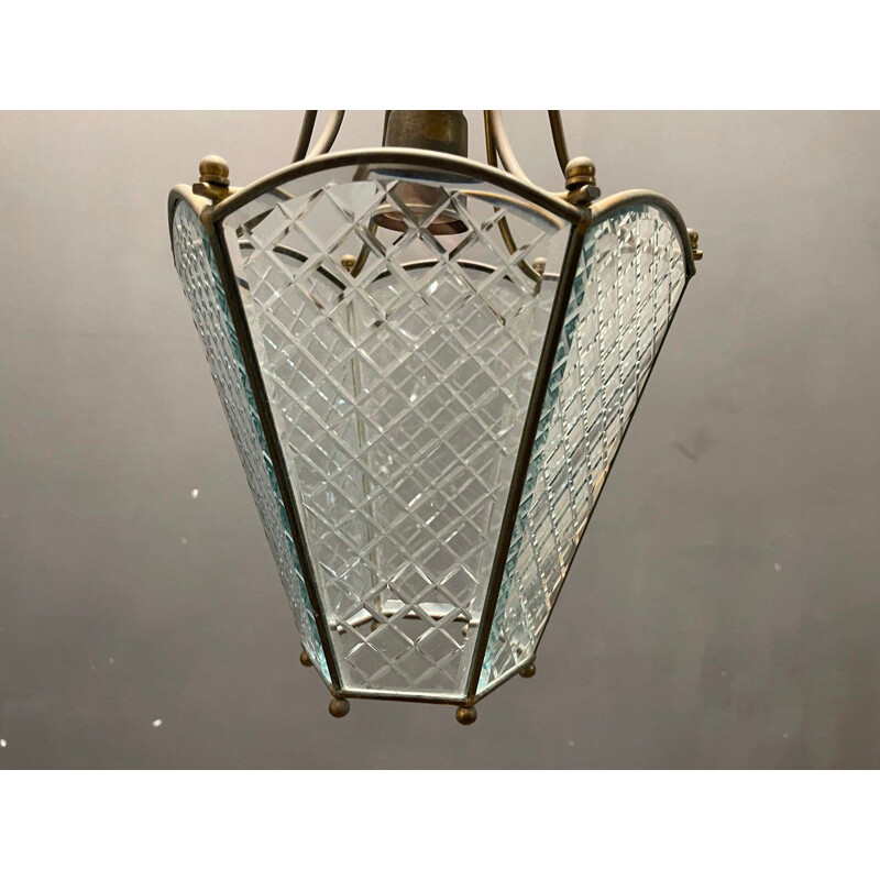 Vintage gegraveerde glazen hanglamp, Italië 1950