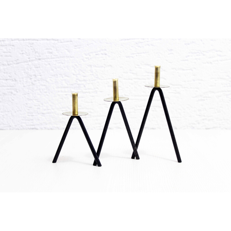 Set of 3 vintage metal and brass candlesticks, 1970