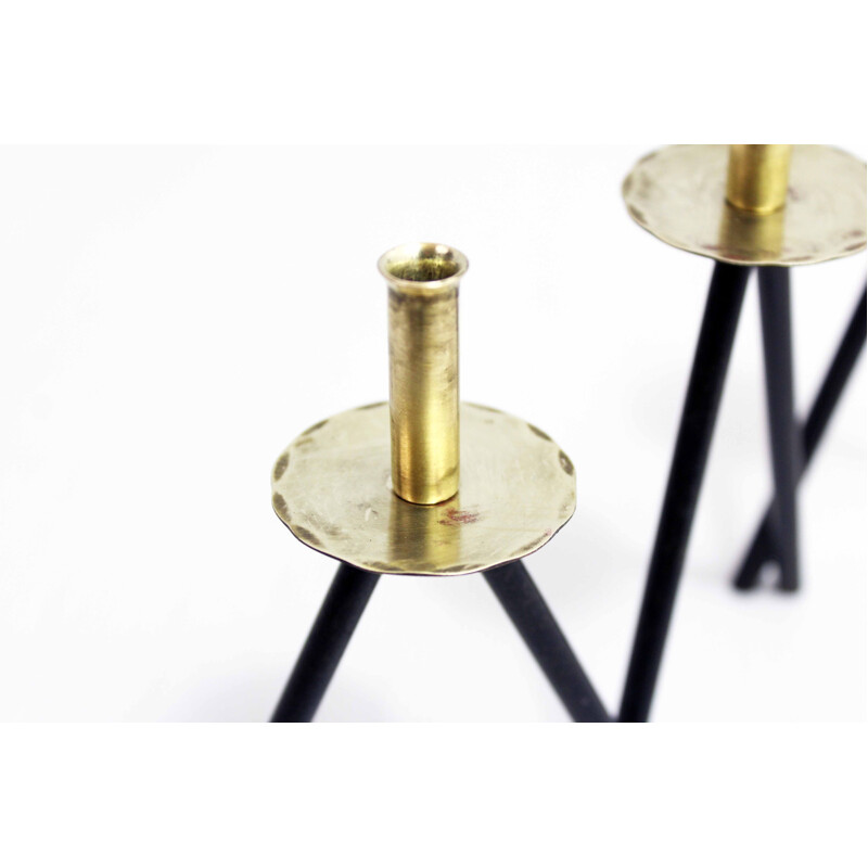 Set of 3 vintage metal and brass candlesticks, 1970