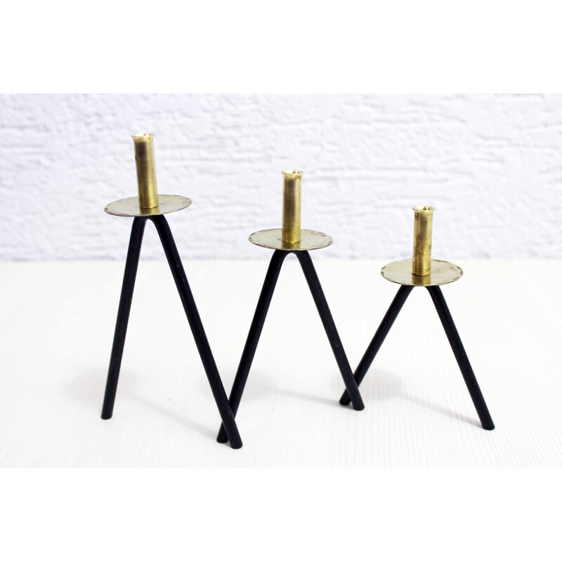 Set of 3 vintage metal and brass candlesticks, 1970