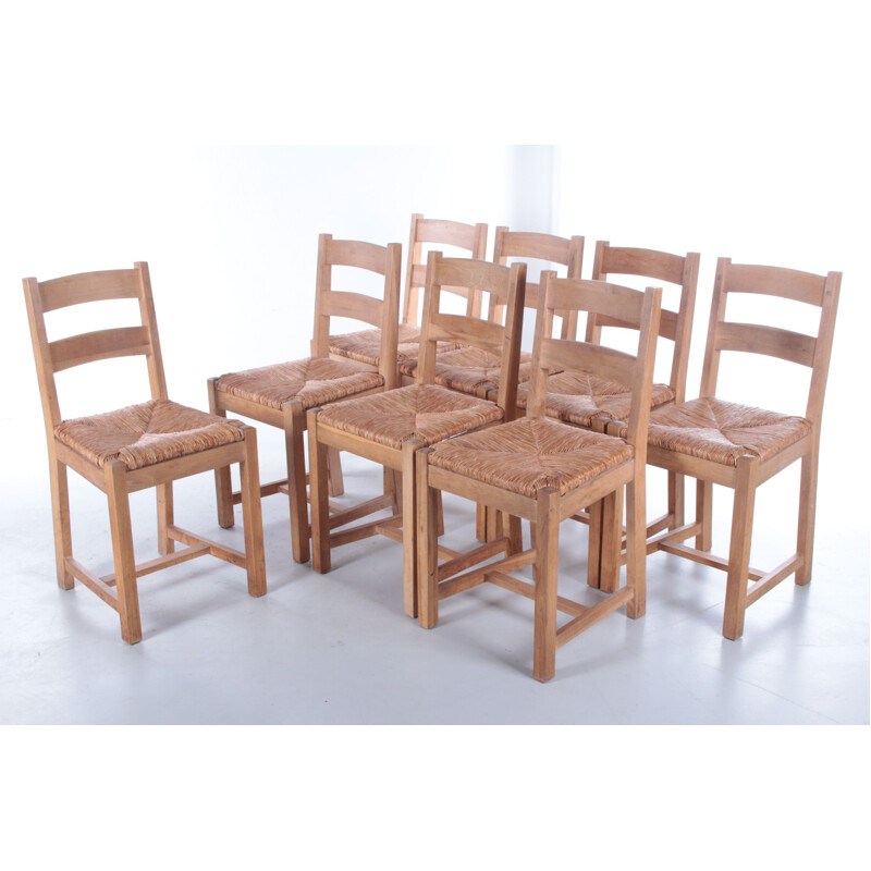 Ensemble de 8 chaises de cuisine danoises vintage en chêne avec siège en osier, 1970