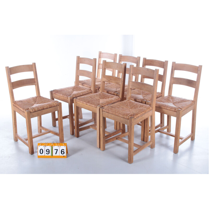 Set van 8 vintage Deense eiken keukenstoelen met rieten zitting, 1970