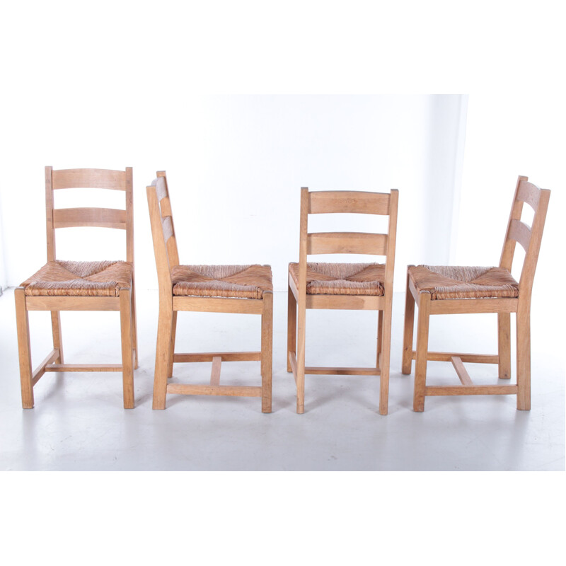 Ensemble de 8 chaises de cuisine danoises vintage en chêne avec siège en osier, 1970