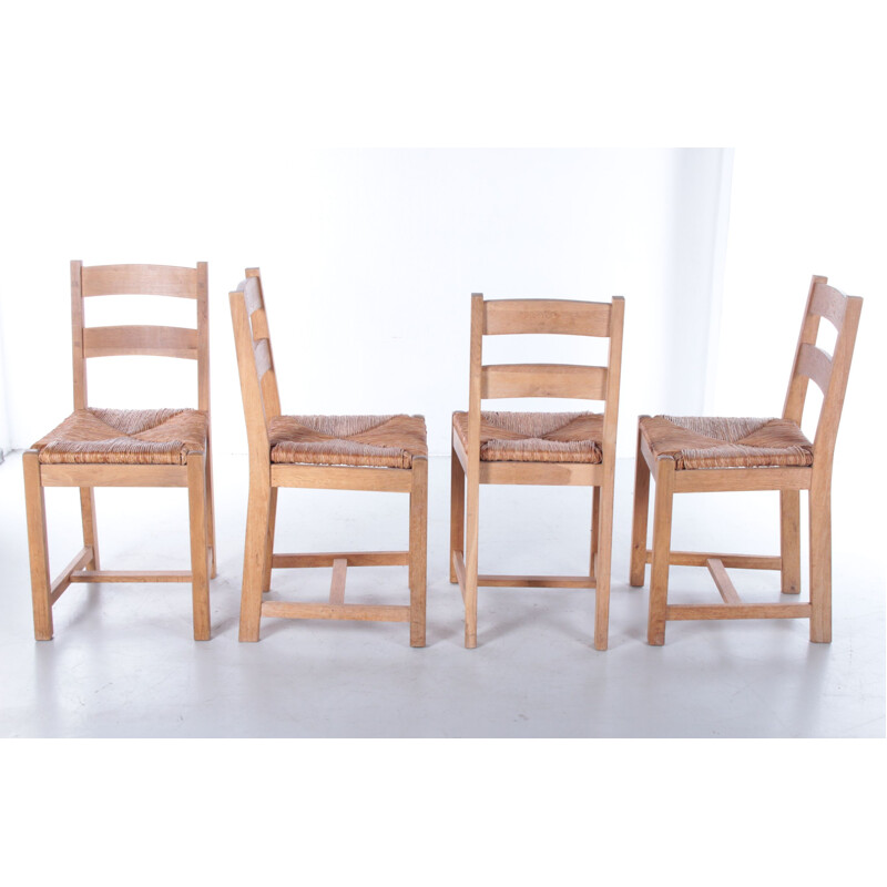 Set of 8 Danish vintage oakwood kitchen chairs with wicker seat, 1970s