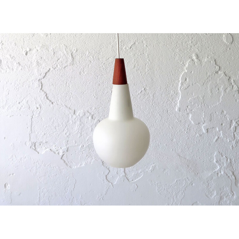 Mid-century Danish opaline glass and teak pendant lamp, 1950s