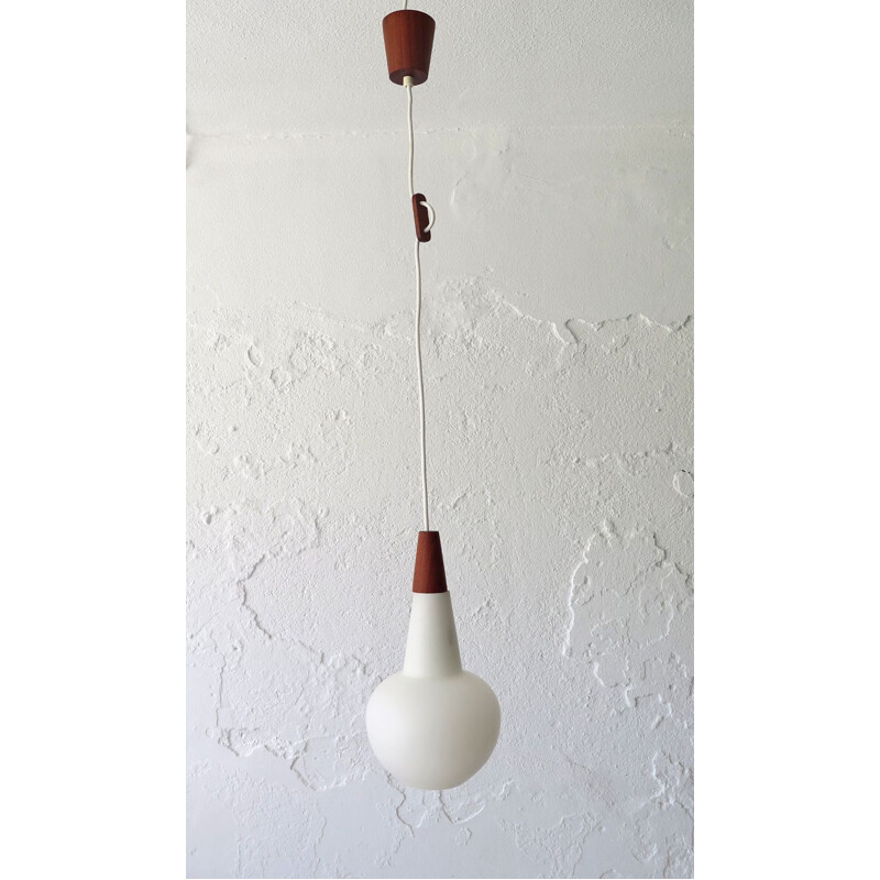 Mid-century Danish opaline glass and teak pendant lamp, 1950s