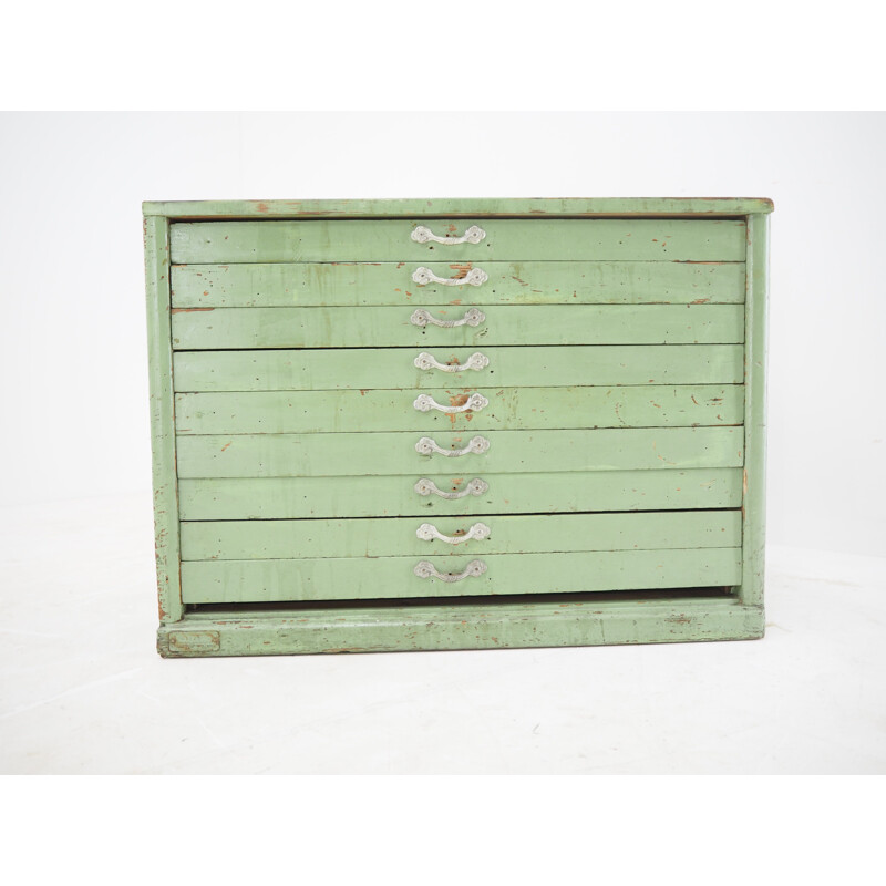 Industrial green wood chest of drawers