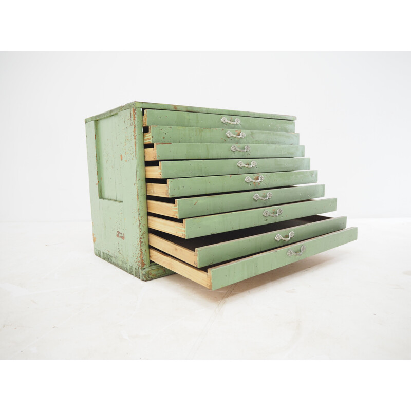 Industrial green wood chest of drawers