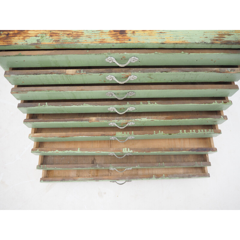 Industrial green wood chest of drawers