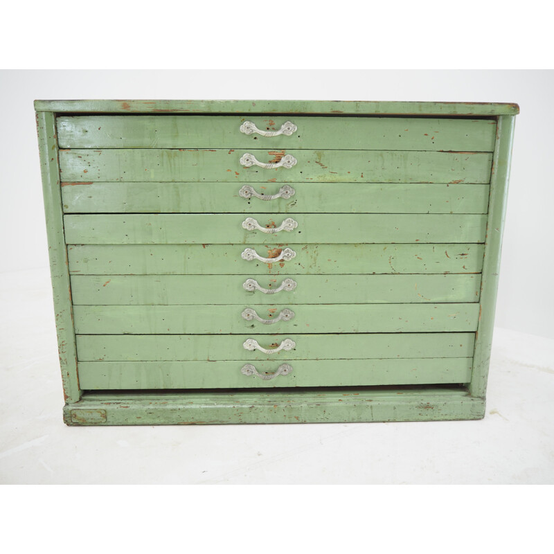 Industrial green wood chest of drawers