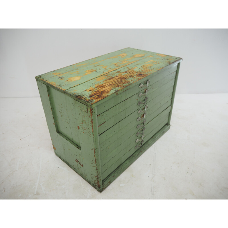 Industrial green wood chest of drawers