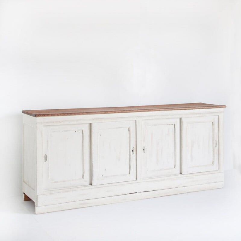 Vintage pine and oakwood sideboard with sliding doors, France 1940