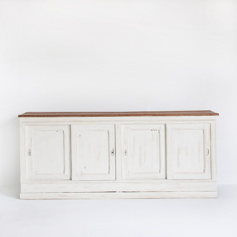 Vintage pine and oakwood sideboard with sliding doors, France 1940