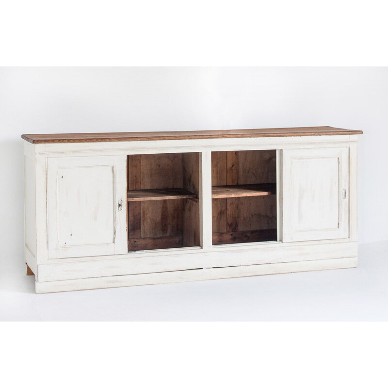 Vintage pine and oakwood sideboard with sliding doors, France 1940