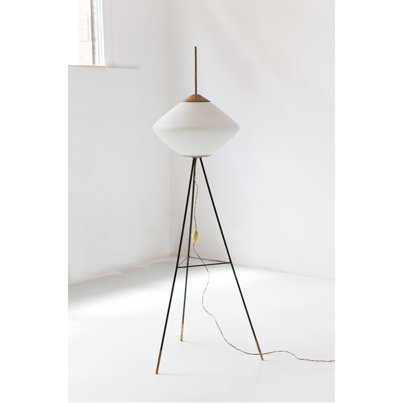 Vintage tripod floor lamp in brass and opaline glass, Italy,1950s