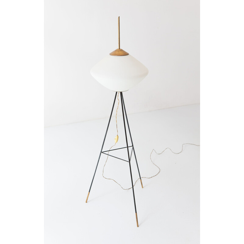 Vintage tripod floor lamp in brass and opaline glass, Italy,1950s