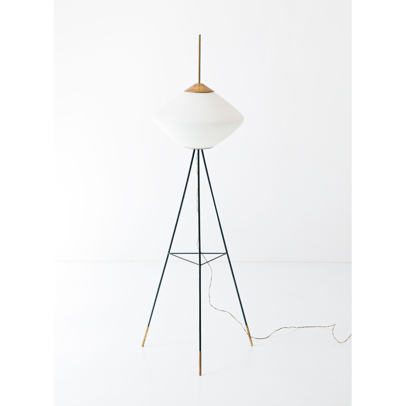 Vintage tripod floor lamp in brass and opaline glass, Italy,1950s