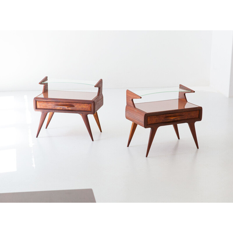 Pair of vintage Italian mahogany night stands with glass top, 1950s