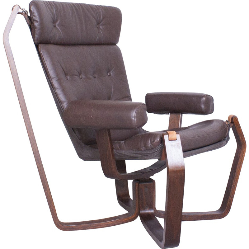 Chaise "Falcon" scandinave en bois contreplaqué et cuir brun - 1960